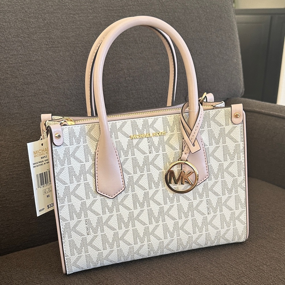 Michael Kors White and Light Pink Signature Satchel